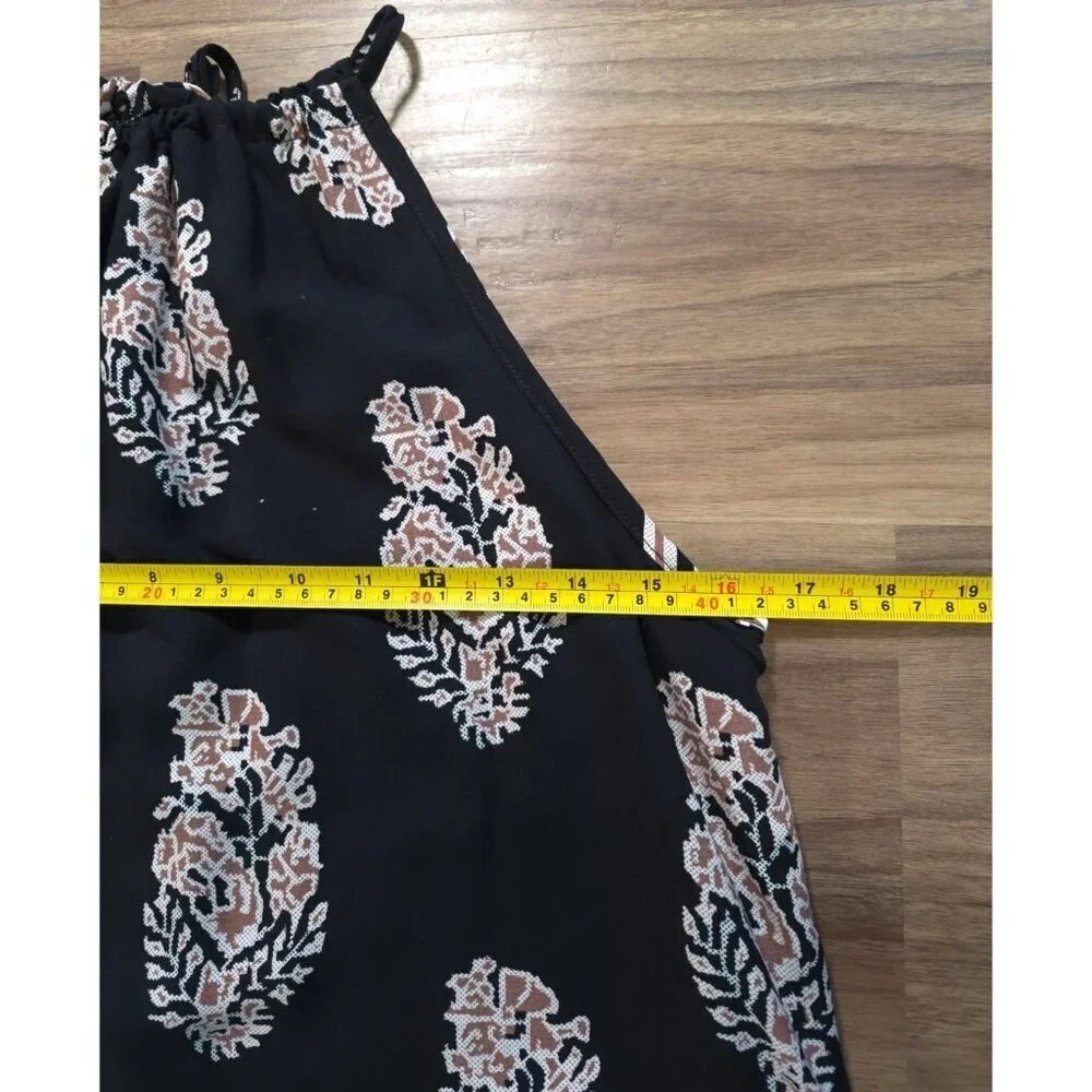 Black Floral Halter Dress Womens XS Sleeveless Tie Back Summer Boho Mini Dress